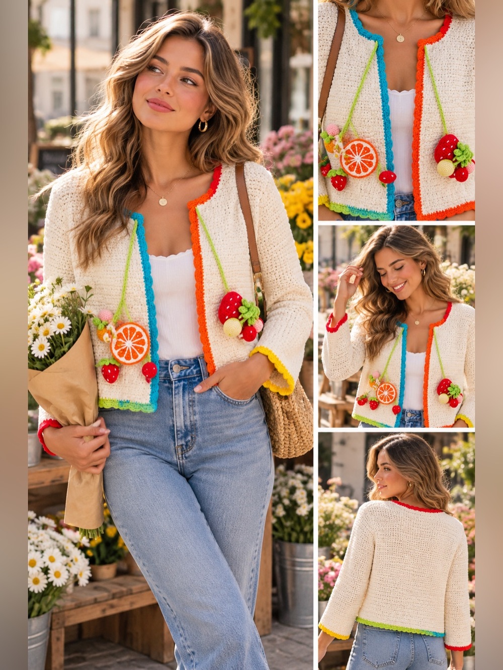 NWOT Alice + Olivia Cream Crochet Cardigan with Colorful Fruit Appliqués Size L